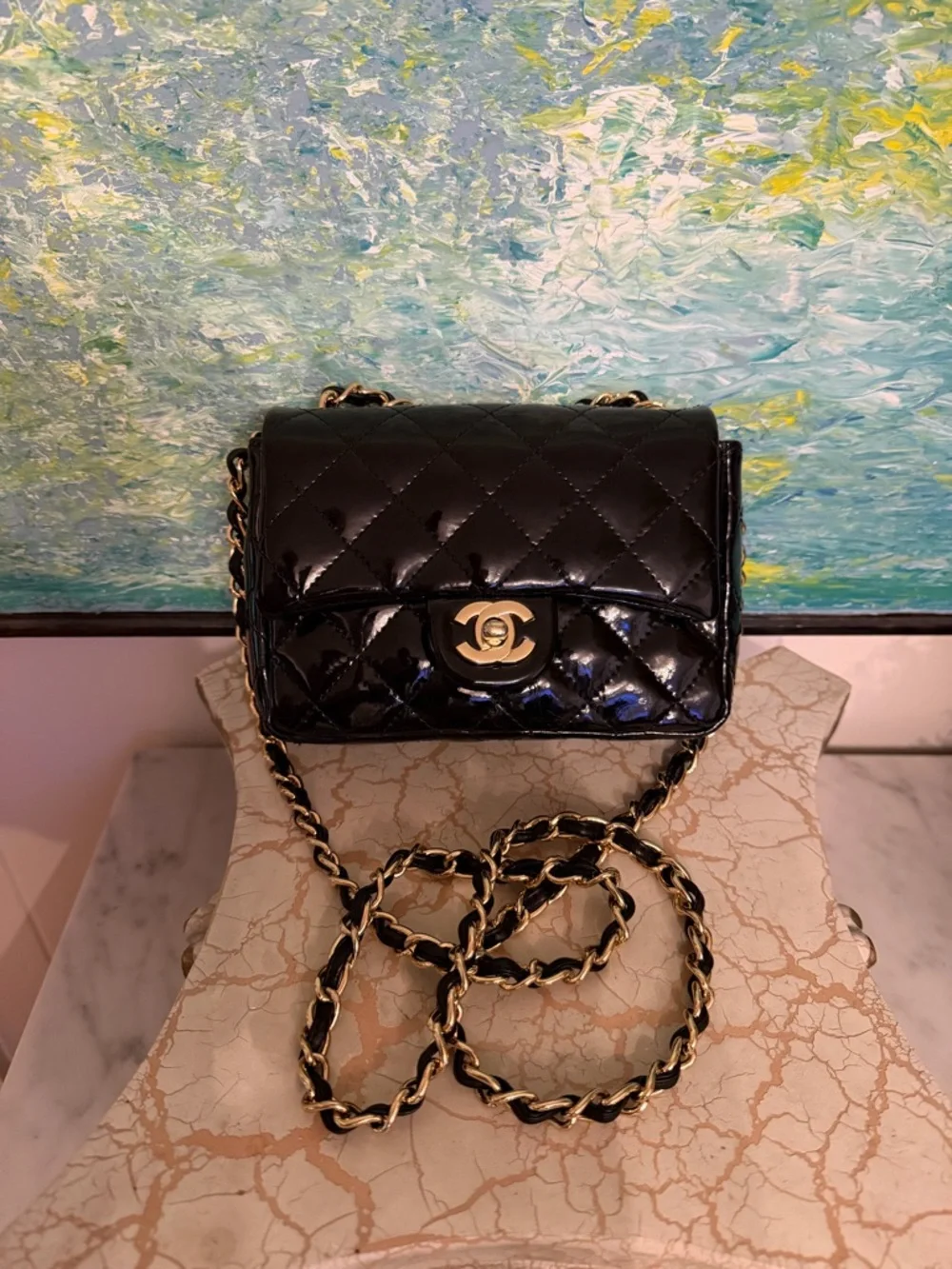CHANEL Vintage Black Quilted Patent Mini Crossbody with Gold Hardware
